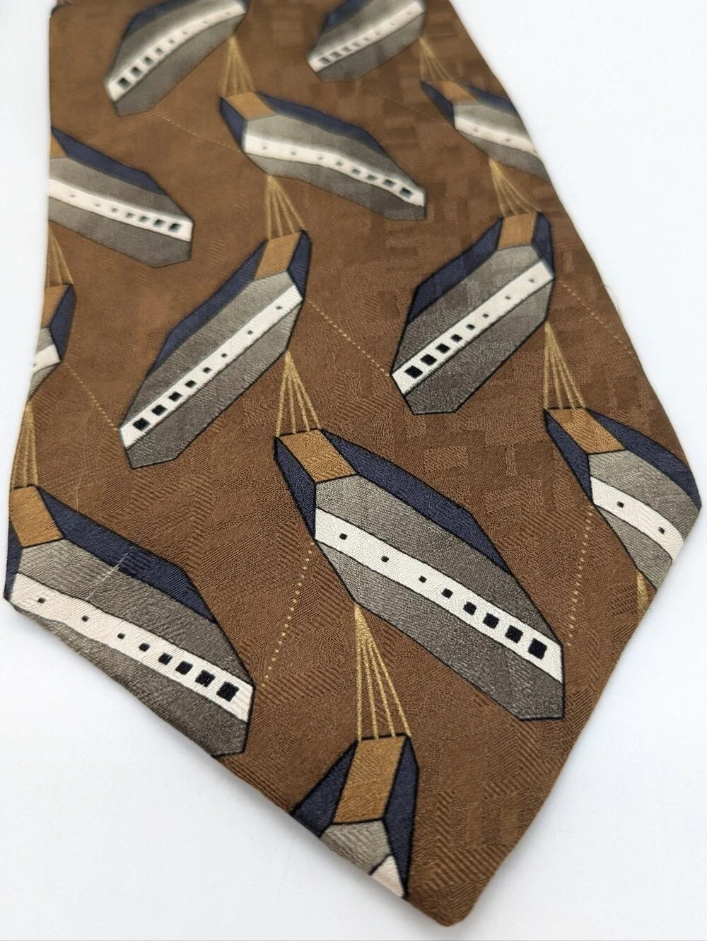 Vintage Conte Di Milano Brown Blue Geometric Abstract Silk Tie